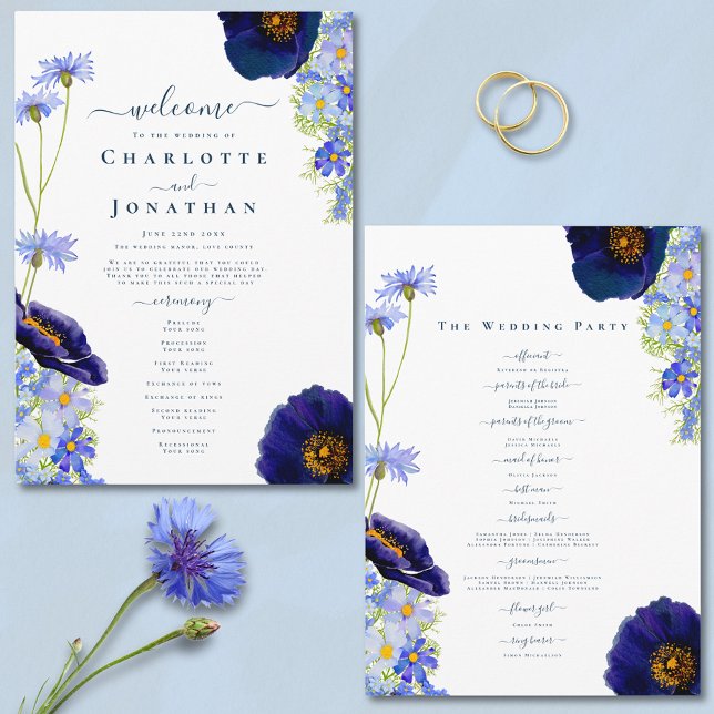 Programme Jour de Mariage Bleu Fleur Sauvage Moderne (Elegant blue summer floral wedding programme with watercolor wildflowers and stylish typography )