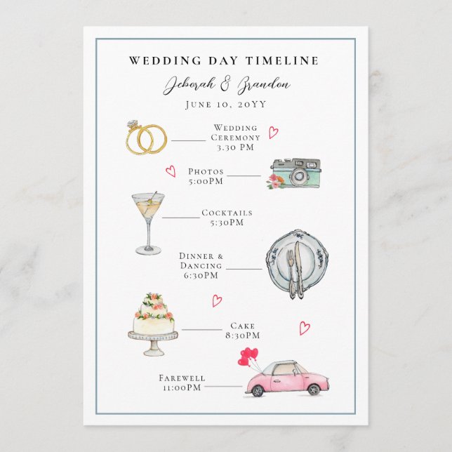Programme Jour de mariage illustré à l'aquarelle mignon (Devant)