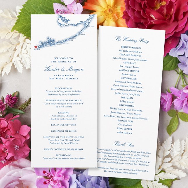 Programme Key West FL Map Élégant Mariage bleu marine (Key West FL Map wedding program for an elegant navy blue destination wedding by Coastal Map Designs)