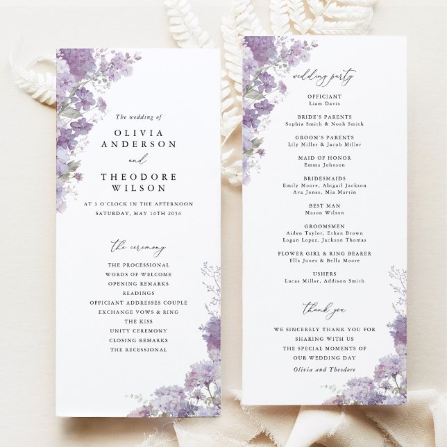 Programme Lavender Floral Elegant Wedding Ceremony Program (Lavender floral wedding ceremony program, watercolor lilac purple elegant wedding program stationery)