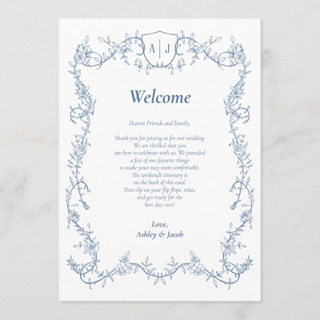 Programme Lettre et Itinéraire de Mariage Botanique Bleu Aci (Devant)