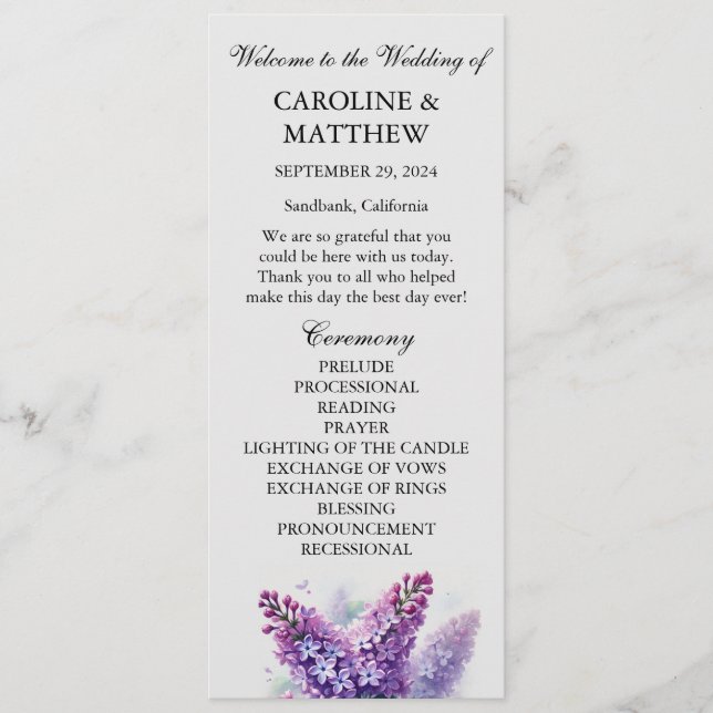 Programme Lilac Purple Floral Élégant Mariage moderne (Devant)