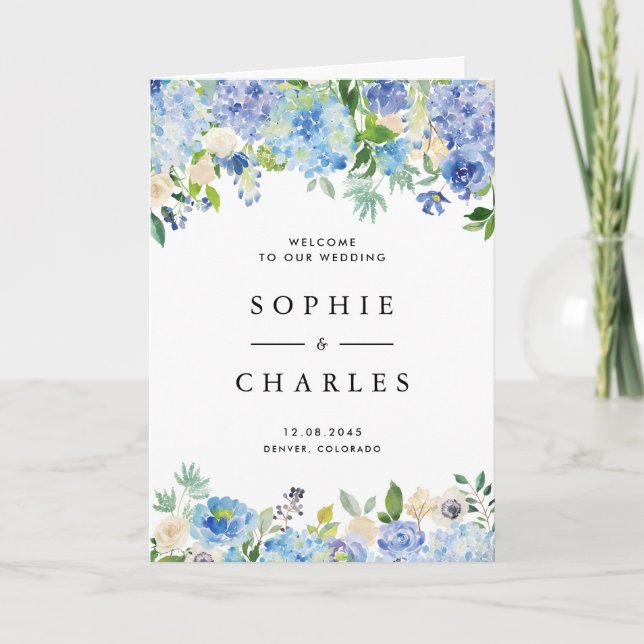 Programme Livret de mariage à l'aquarelle Hydrangea Bleu (Devant)