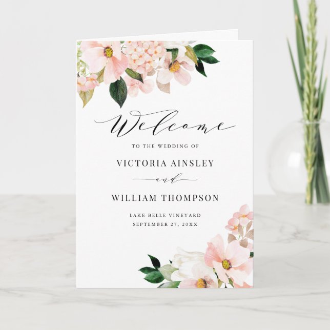 Programme Livret de mariage aux Magnolias et Hydrangeas Rose (Devant)