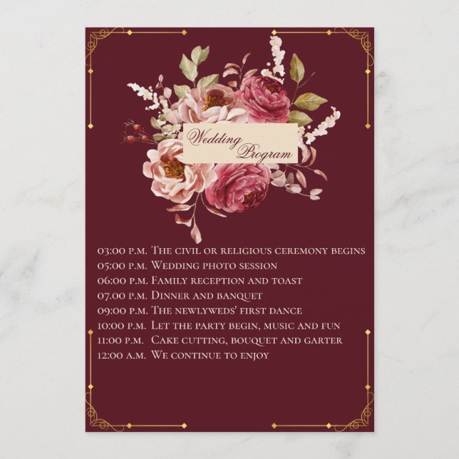 Programme Luxury Burgundy and Gold Floral Wedding Program (Devant)