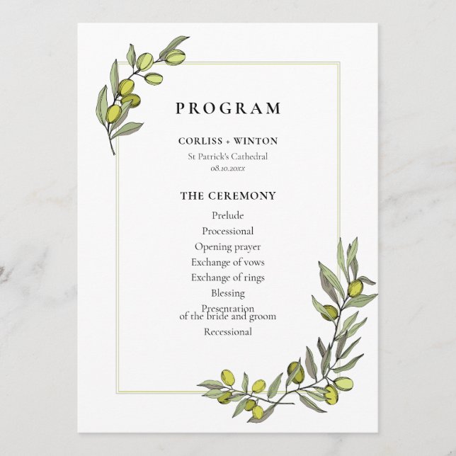 Programme Mariage à deux côtés encadré de branches d'olive (Devant)