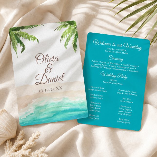 Programme Mariage à la plage tropicale et aux palmiers aquar (Watercolor Tropical Beach and Palm Trees Wedding Program)