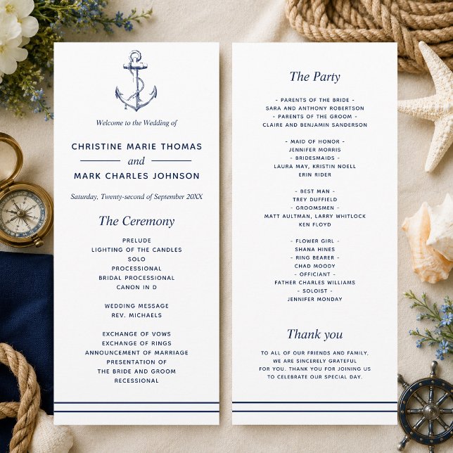 Programme Mariage à l'ancre de la marine nautique (A nautical themed program perfect for beach weddings and weddings by the sea! )