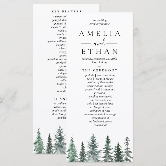 Programme Mariage à l'aquarelle de forêt hivernale (Devant / Derrière)