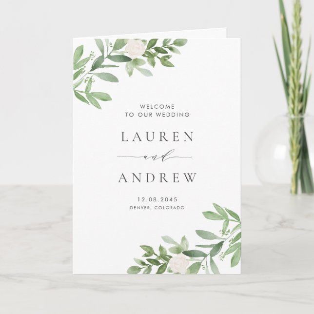 Programme Mariage à l'aquarelle de verdure et de fleurs blan (Devant)