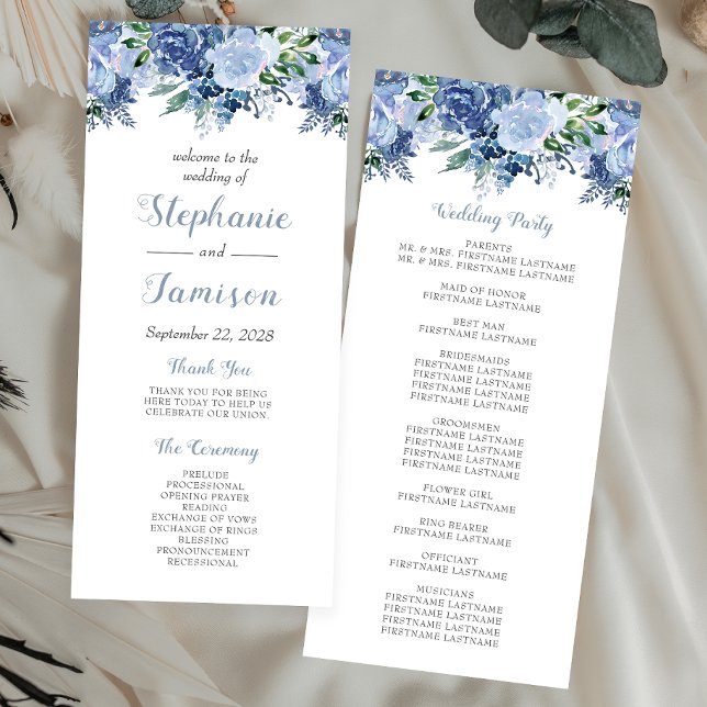 Programme Mariage à l'aquarelle Floral Bleu Poussiéreux (Créateur téléchargé)