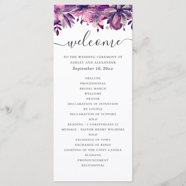 Programme Mariage à l'aquarelle violet et rose avec écriture (Devant)