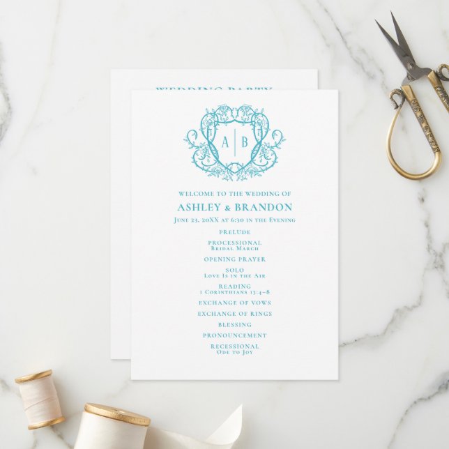 Programme Mariage à monogramme à crête de turquoise de rose  (Devant/Arrière en situation)
