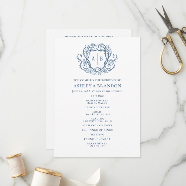 Programme Mariage à monogramme crête acier bleu Rosier déamb (Devant/Arrière en situation)