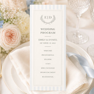 Programme Mariage à monogramme rayé bleu et sauge