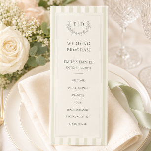 Programme Mariage à monogramme rayé vert sauge