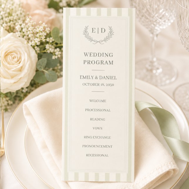 Programme Mariage à monogramme rayé vert sauge (Créateur téléchargé)
