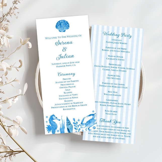 Programme Mariage à rayures côtières nautiques à l'aquarelle (Blue Watercolor Nautical Coastal Stripe Wedding Program)