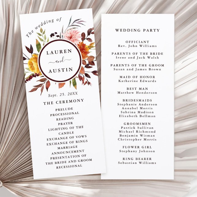 Programme Mariage aquarelle jardin d'automne Marsala (Front & Back)