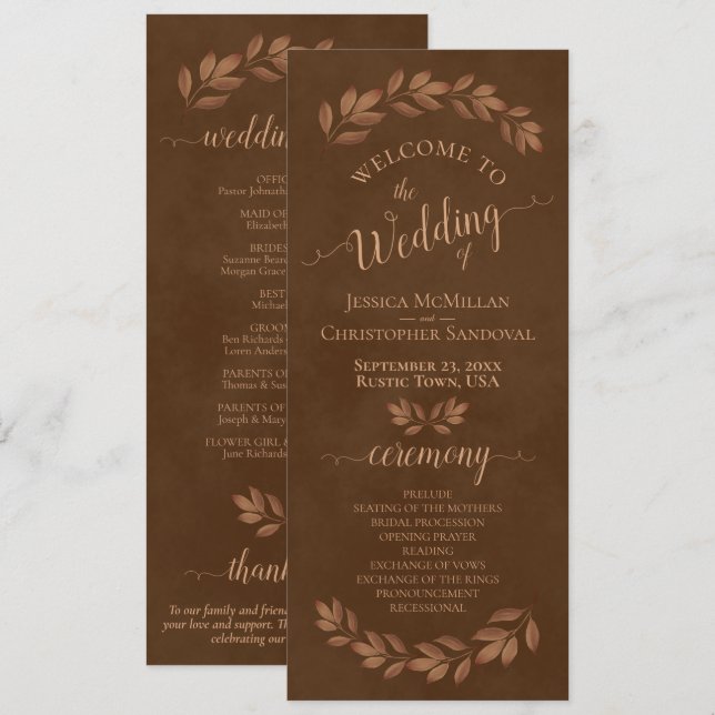 Programme Mariage Aquarelle Rustique Feuilles Marron Châtaig (Devant / Derrière)