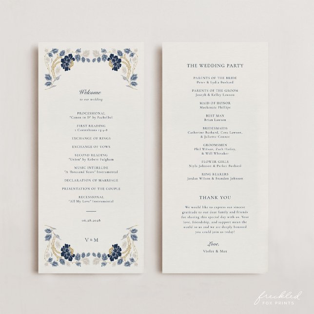 Programme Mariage Art Nouveau Bleu Nuit Or Fleurs (Navy Blue and Gold Art Nouveau Wedding Program)