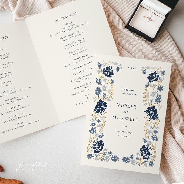 Programme Mariage Art Nouveau Bleu Nuit Or Floral (Navy Blue and Gold Art Nouveau Wedding Program Booklet)
