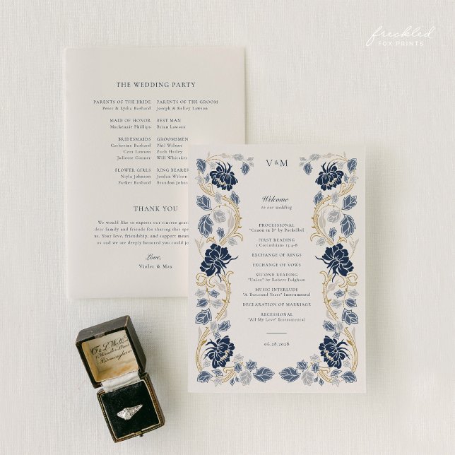 Programme Mariage Art Nouveau Bleu Nuit Or Flore (Navy and Gold Floral Art Nouveau Wedding Program)