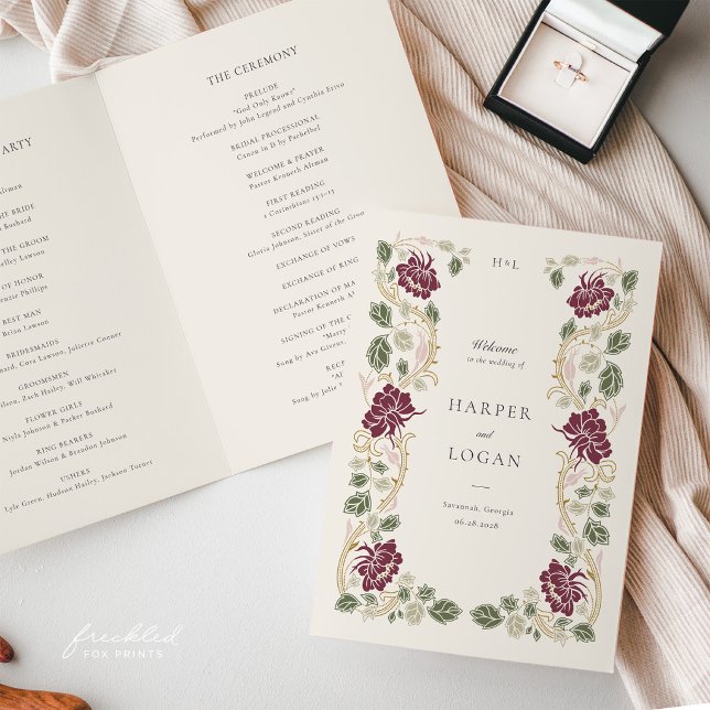 Programme Mariage Art Nouveau Floral Bourgogne (Burgundy Floral Art Nouveau Wedding Program Booklet)