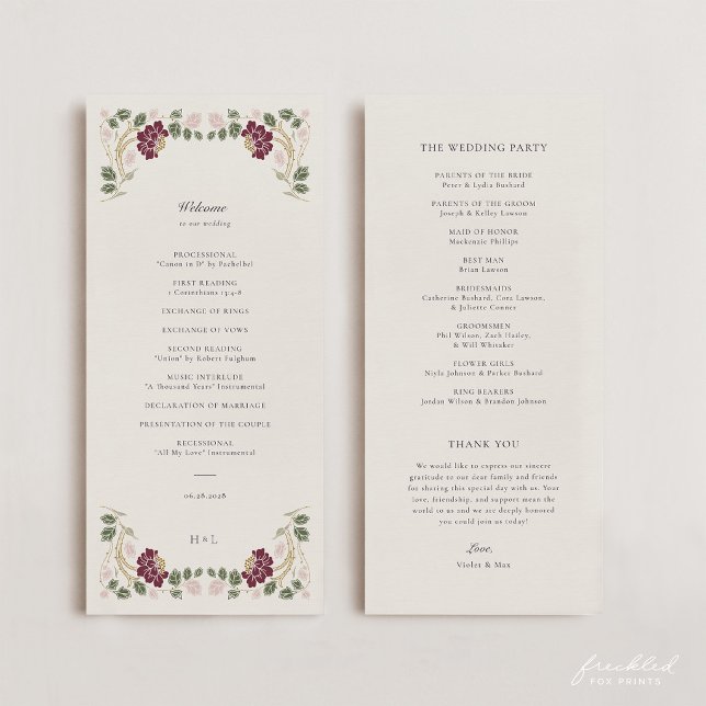 Programme Mariage Art Nouveau Floral Bourgogne (Burgundy floral Art Nouveau Wedding Program)