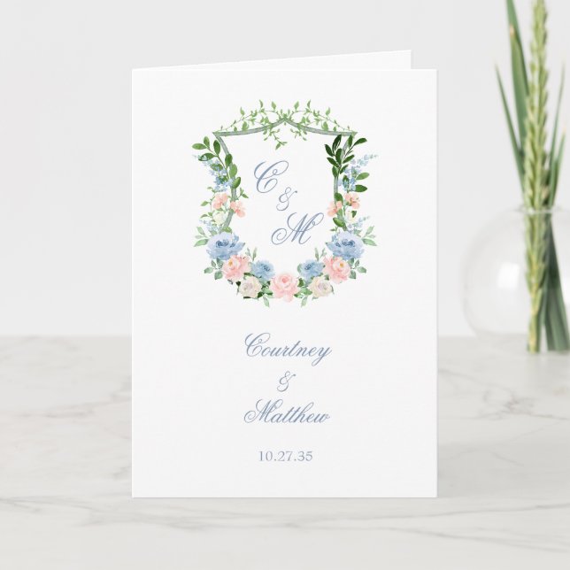 Programme Mariage au blason floral bleu poussiéreux (Devant)