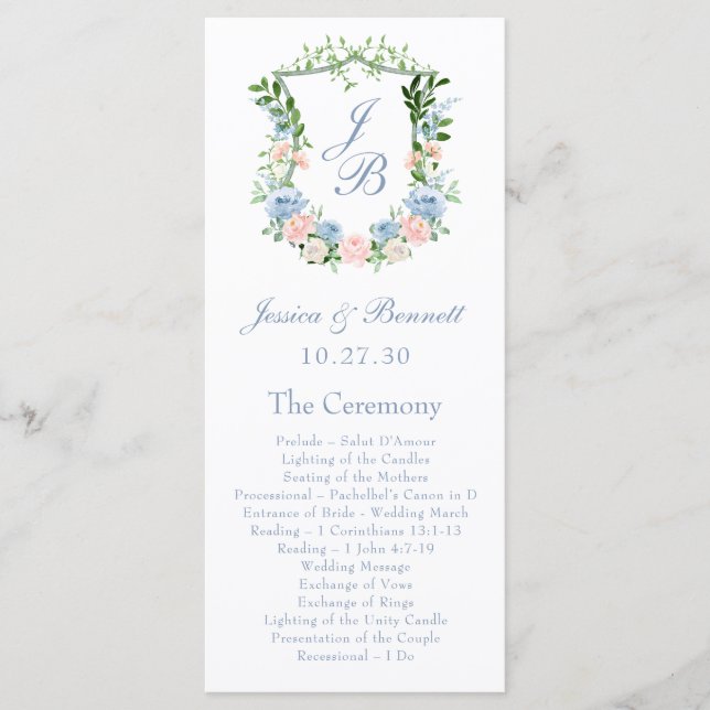 Programme Mariage au blason floral bleu poussiéreux (Devant)
