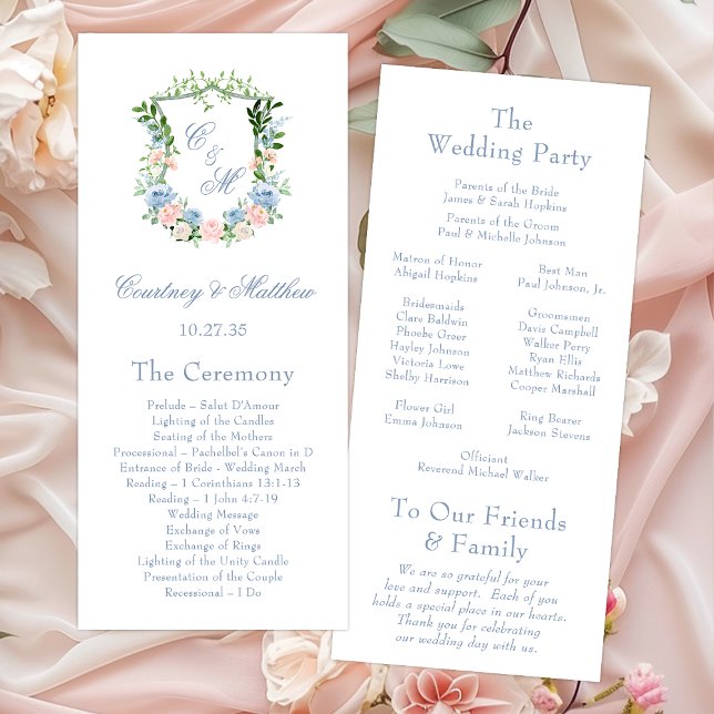 Programme Mariage au blason floral bleu poussiéreux (Créateur téléchargé)