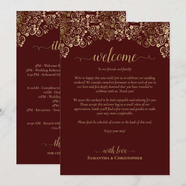 Programme Mariage Auburn Brun & Or Bienvenue & Itinéraire (Devant / Derrière)