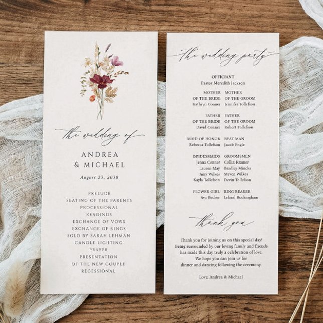 Programme Mariage Automnal Élégant aux Fleurs Sauvages Bohèm (Fall wildflowers boho wedding programs - simple watercolor printed wedding programs - vintage text.)