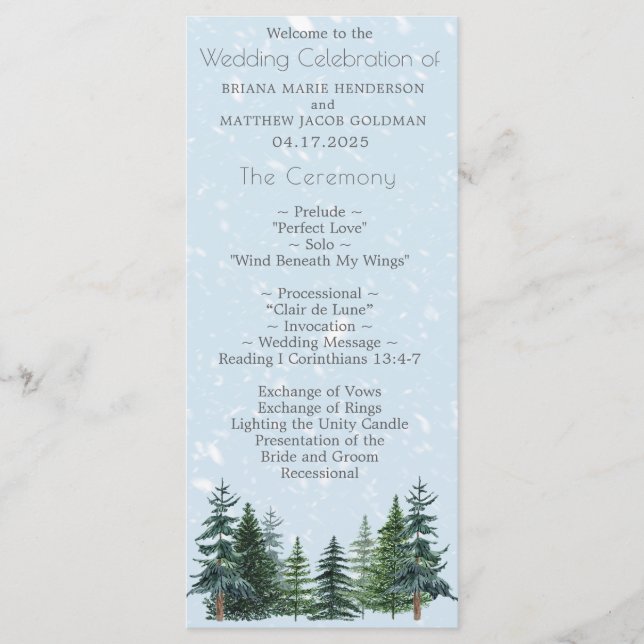 Programme Mariage aux arbres de pin verts rustiques d'hiver (Devant)