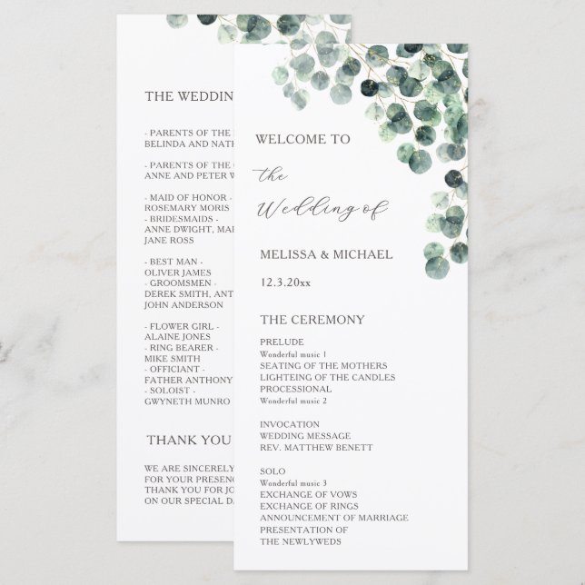 Programme Mariage aux feuilles d'eucalyptus aquarelle (Devant / Derrière)