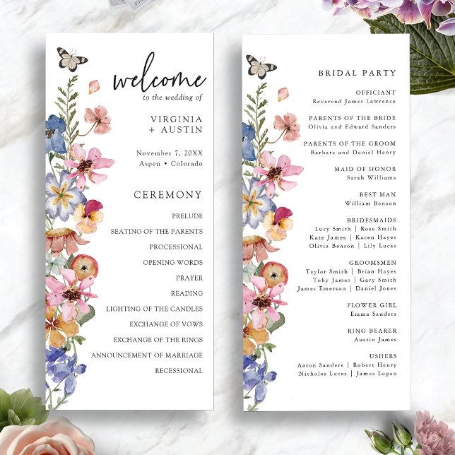 Programme Mariage aux fleurs sauvages colorées (Colorful Wildflower Wedding Program with Butterfly by Painted Paperie
)