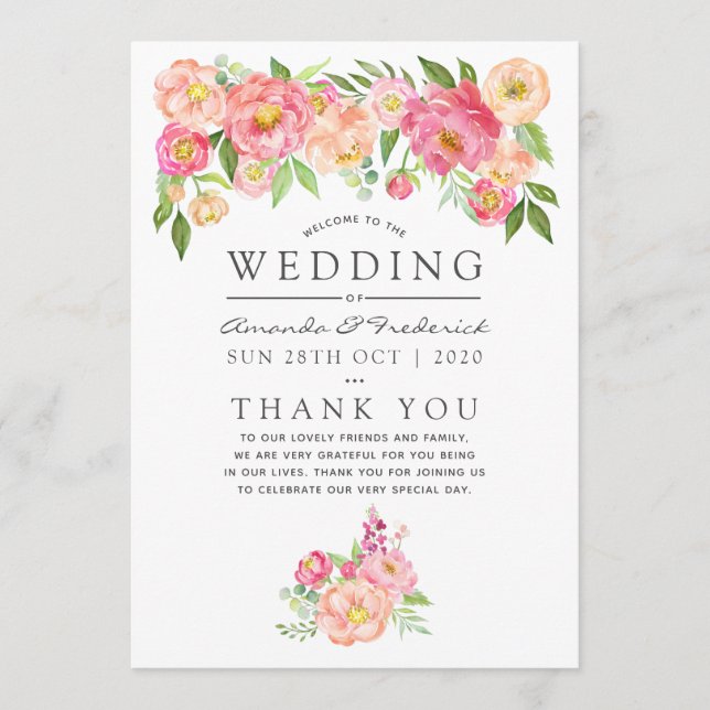 Programme Mariage aux pivoines aquarelles (Devant)
