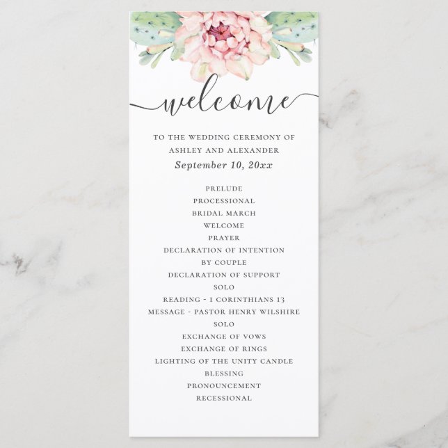 Programme Mariage aux succulentes aquarelle. Cactus floral r (Devant)