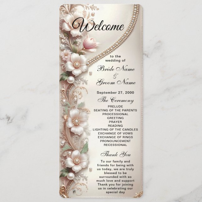 Programme Mariage avec embellissements floraux et perles (Devant)