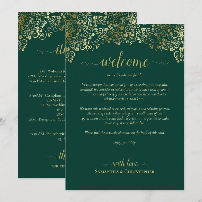 Programme Mariage Bienvenue & Itinéraire Vert Émeraude & Or (Devant / Derrière)
