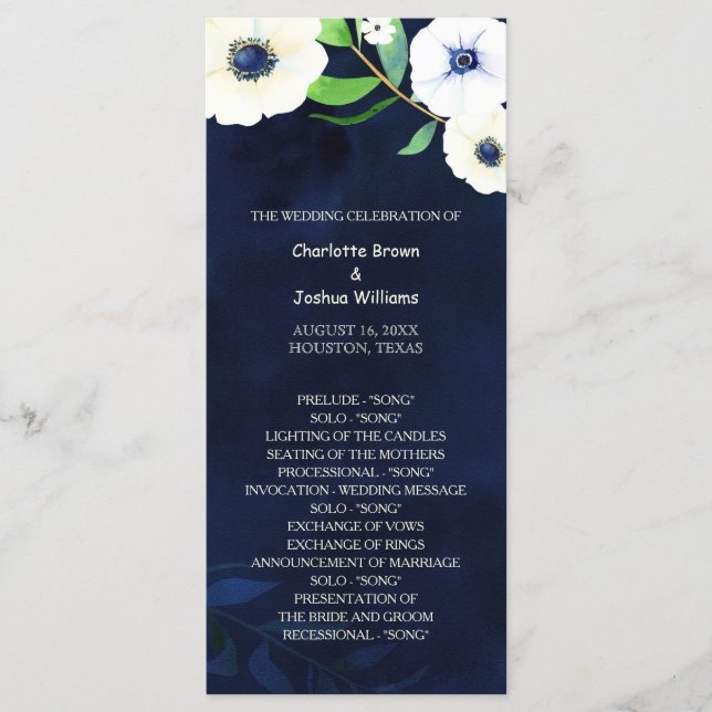 Programme Mariage bleu de l'Anemone Floral Navy (Devant)