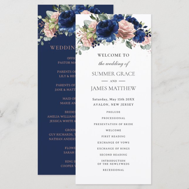 Programme Mariage Bohème Fleurs de Rose Doré et Feuillage Na (Devant / Derrière)