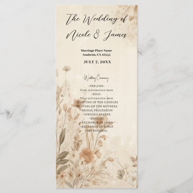 Programme Mariage Bohème Floral Botanique Délicat Vintage  (Devant)