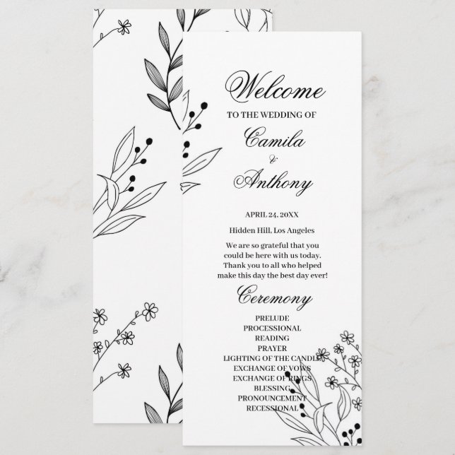 Programme Mariage Boho floral noir et blanc (Devant / Derrière)