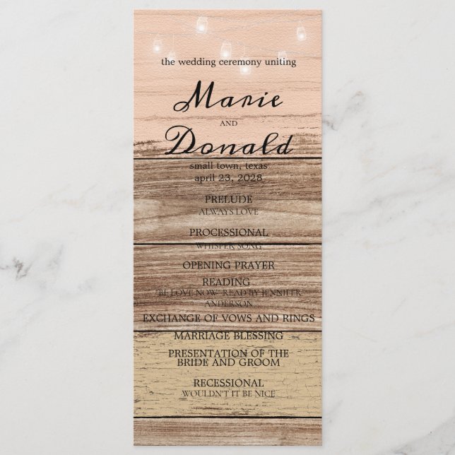 Programme Mariage Bois Rose Rustique et Lanternes (Devant)