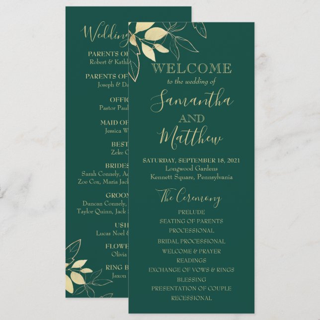 Programme Mariage Botanique au Feuillage Vert Émeraude et Or (Devant / Derrière)