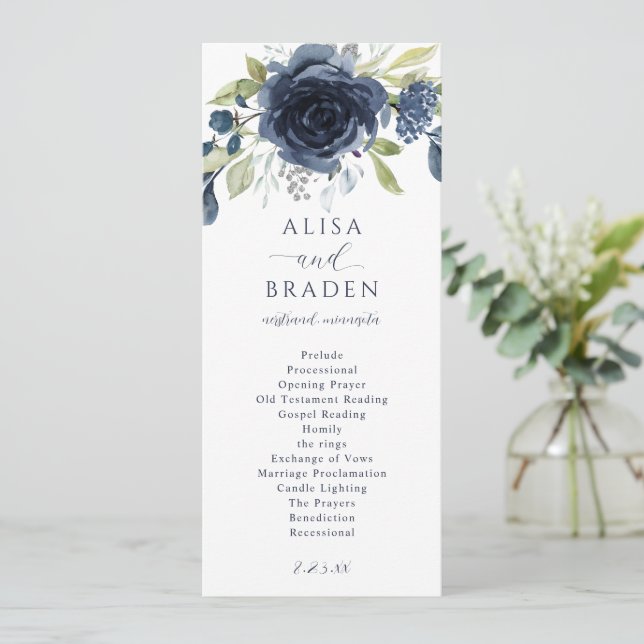 Programme Mariage Botanique Floral Argent Bleu Marine (Debout devant)