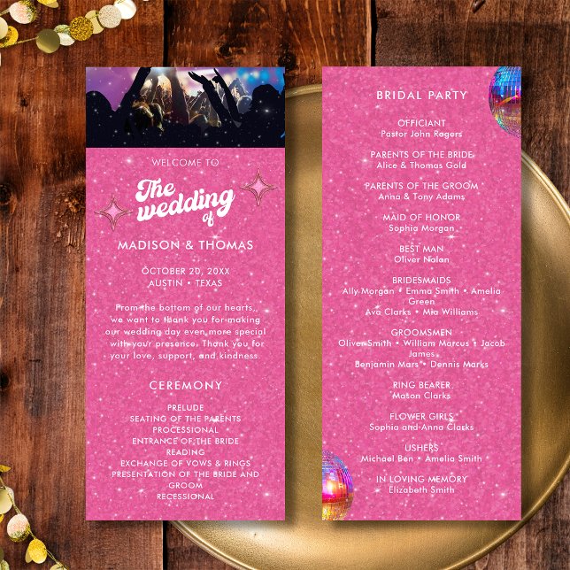 Programme Mariage Boule à Facettes Rose Pailletée Groovy Col (Front / Back)