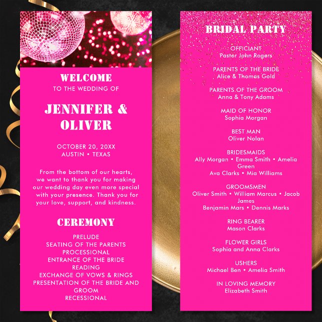 Programme Mariage Boules Rétro Disco Paillettes Rose Gras Ch (Front and Back)